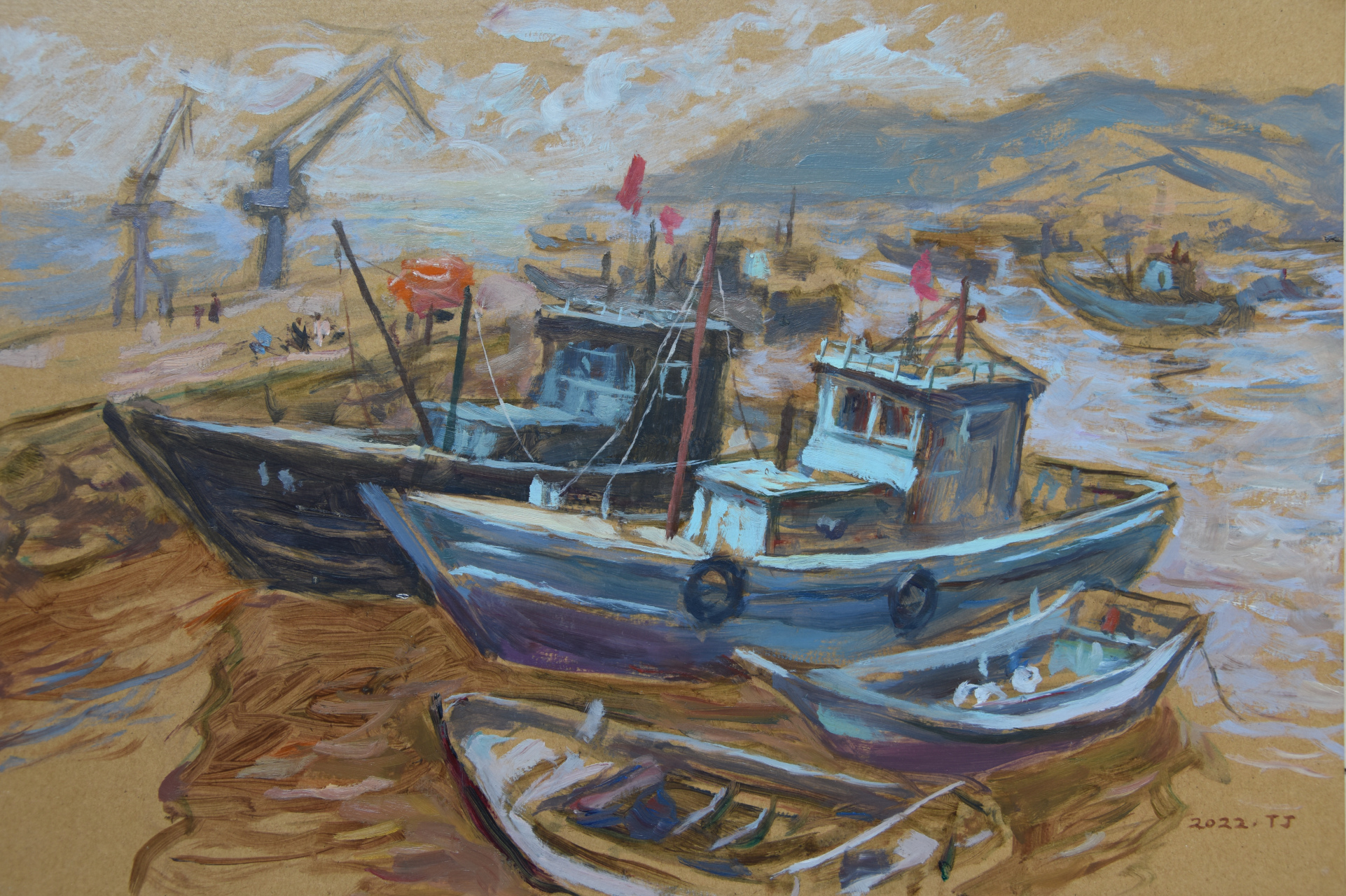 《渔港码头》 油画习作           滕铁军绘 渔民以海为生,风里来,雨