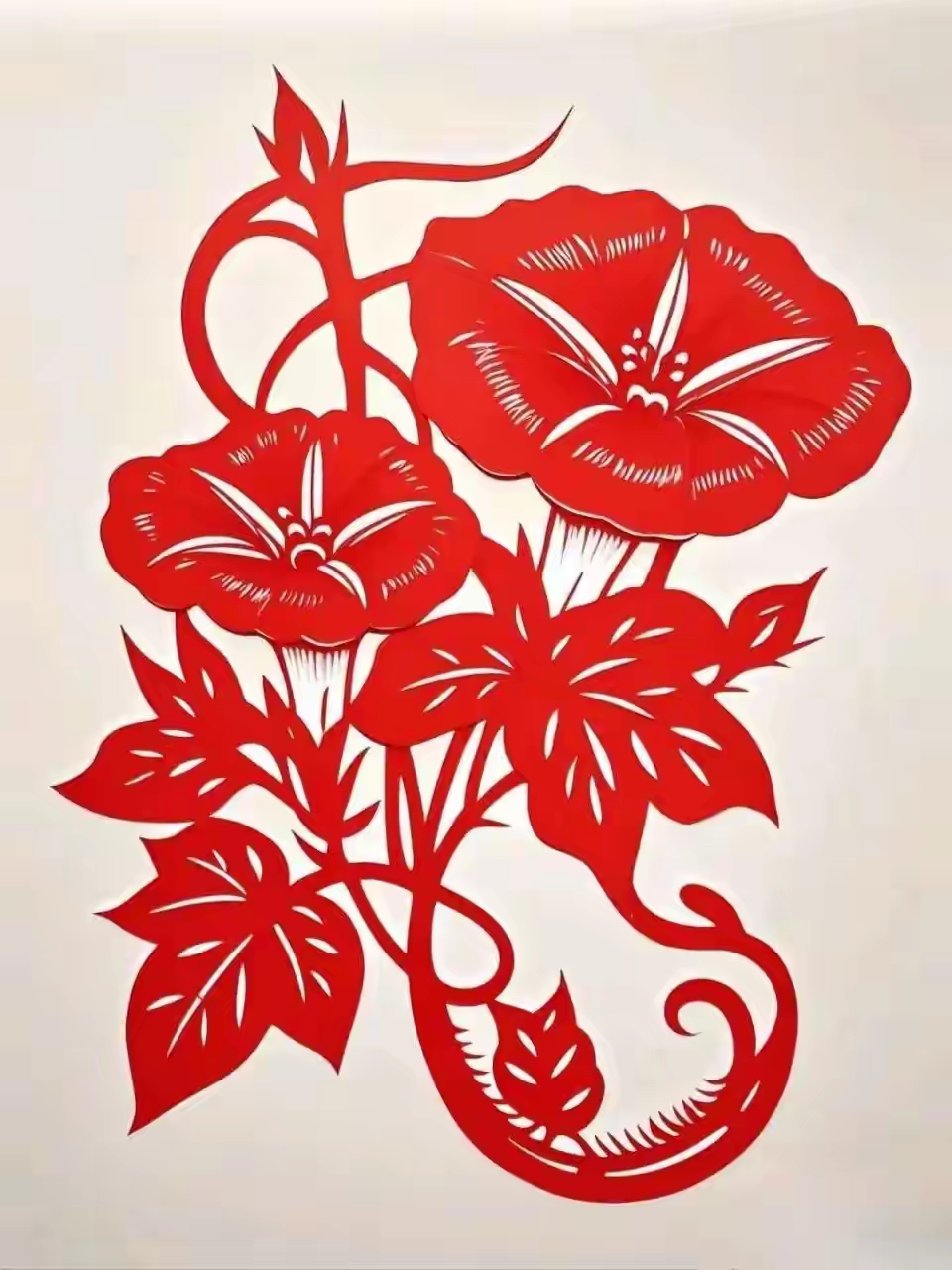 哇,这剪纸艺术真惊艳,红红火火的牵牛花跃然纸上,美翻了!