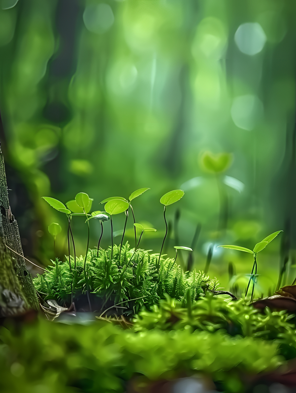 苔藓如绒毯般铺展在地面,柔软而湿润,为森林增添了一抹静谧与神秘.