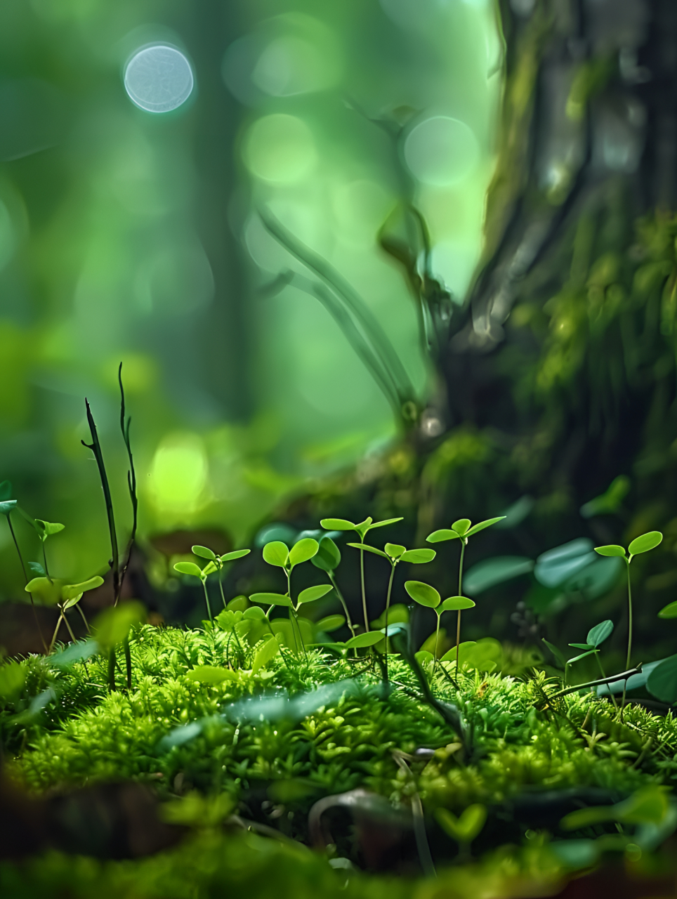 苔藓如绒毯般铺展在地面,柔软而湿润,为森林增添了一抹静谧与神秘.