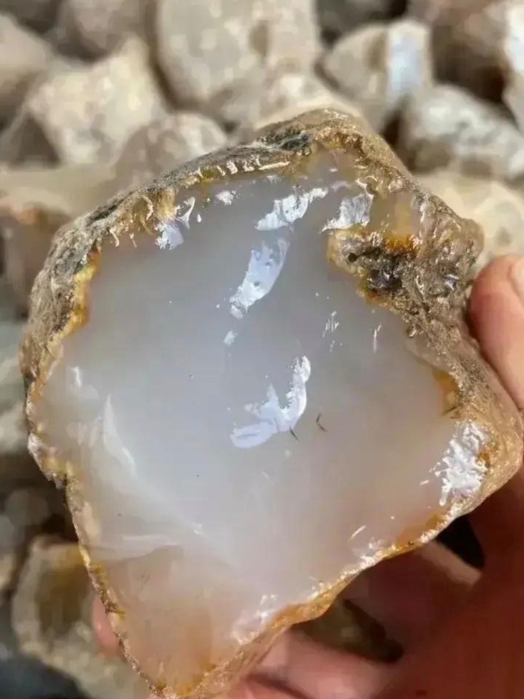 去海边遛弯,捡到这样一块石头,带着少许黄的边缘,粗糙不堪,石头的侧面