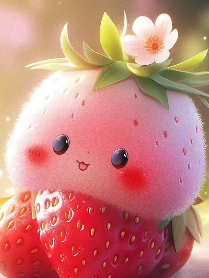 一只粉色草莓小怪物戴着小白花,享受着美味的大草莓,😋仿佛能闻到那