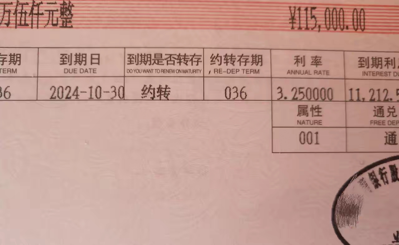 今天去银行把到期的存款转存了,三年前存的115000元,当时利率是3.