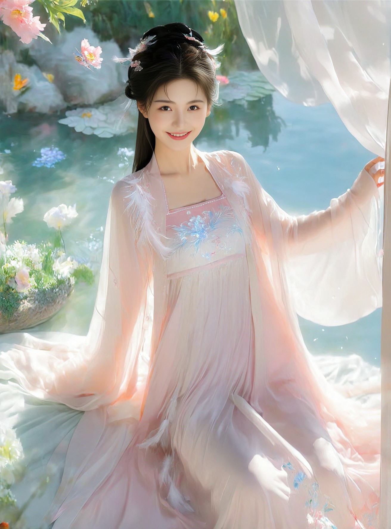 夏日花园,汉服少女,粉黛轻盈,如梦似幻.