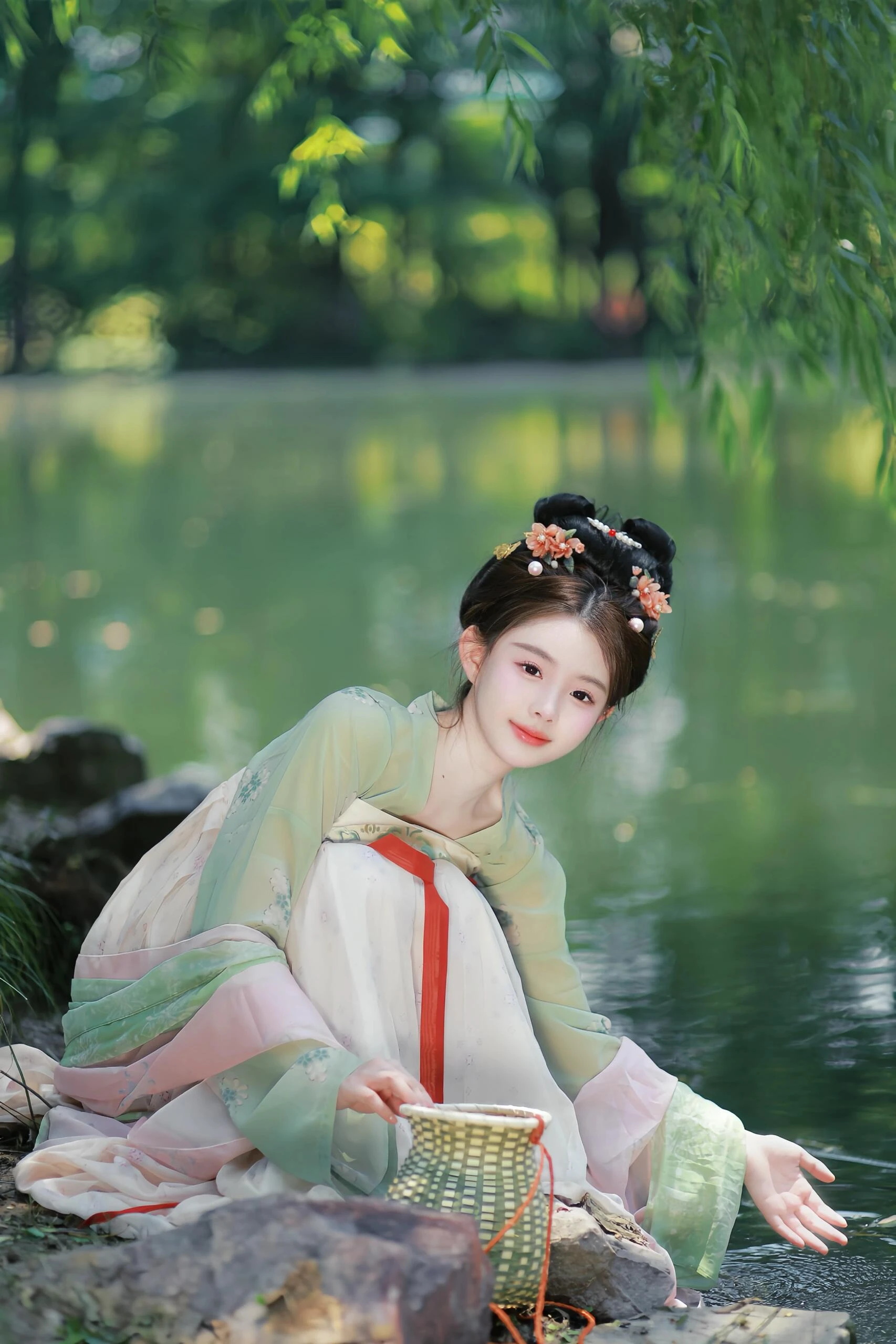 这位美女身穿粉色与绿色交织的汉服,仿佛从画中走出,古典发髻上点缀