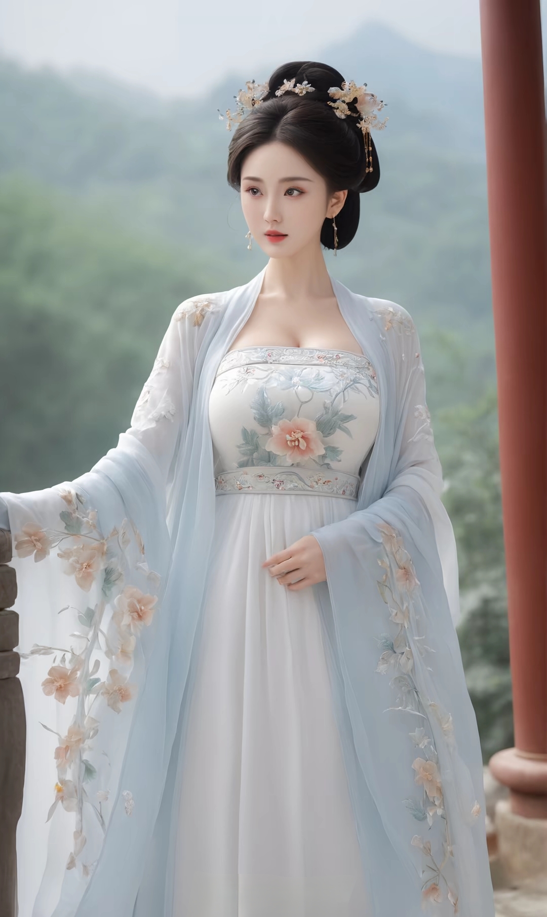 一身汉服的美女徜徉在大自然的怀抱里,美丽的景色映衬出美女的友排