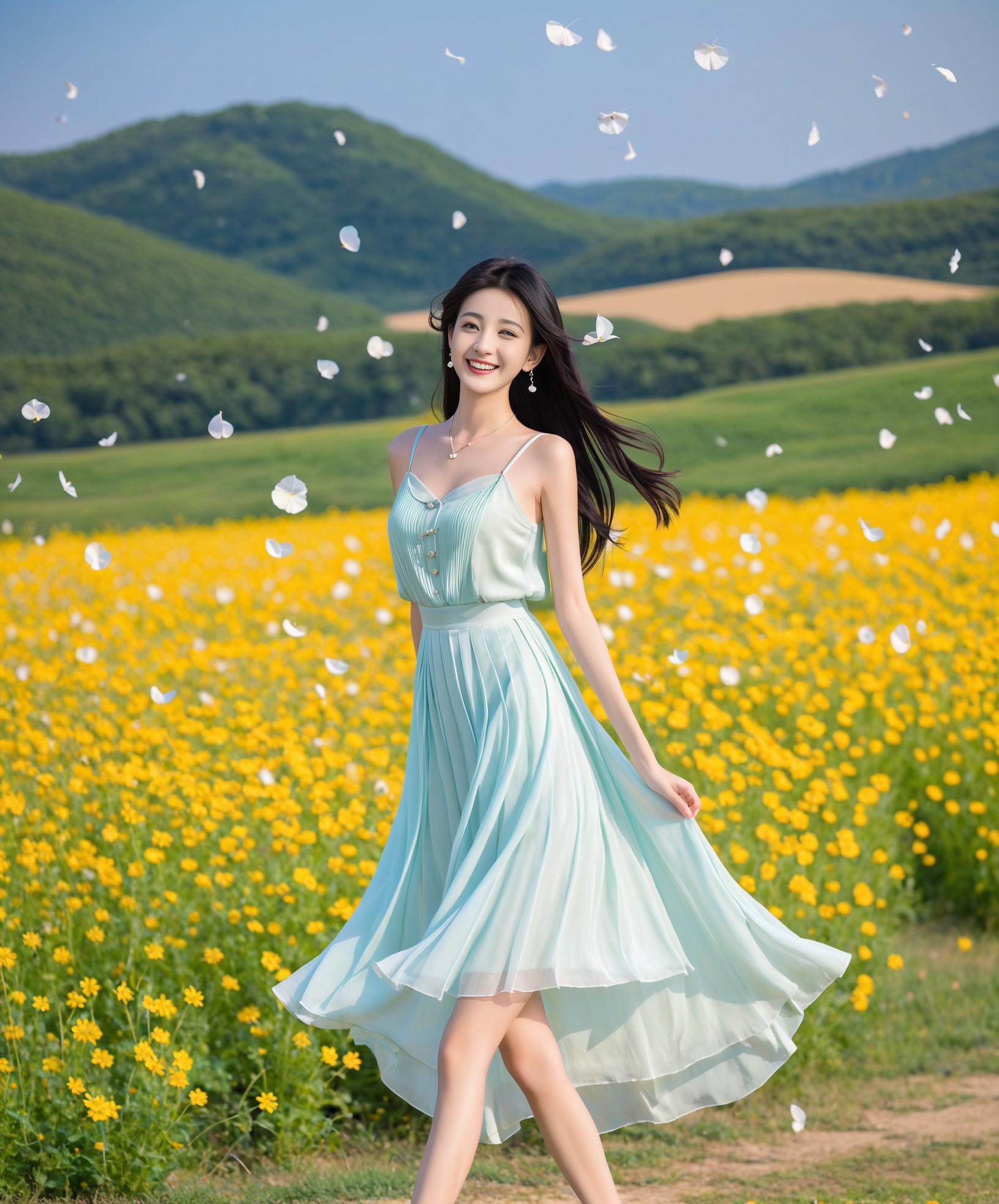 漫步在花的海洋,美女一身连衣裙洒脱自然,美丽的花朵映衬下的女孩更加