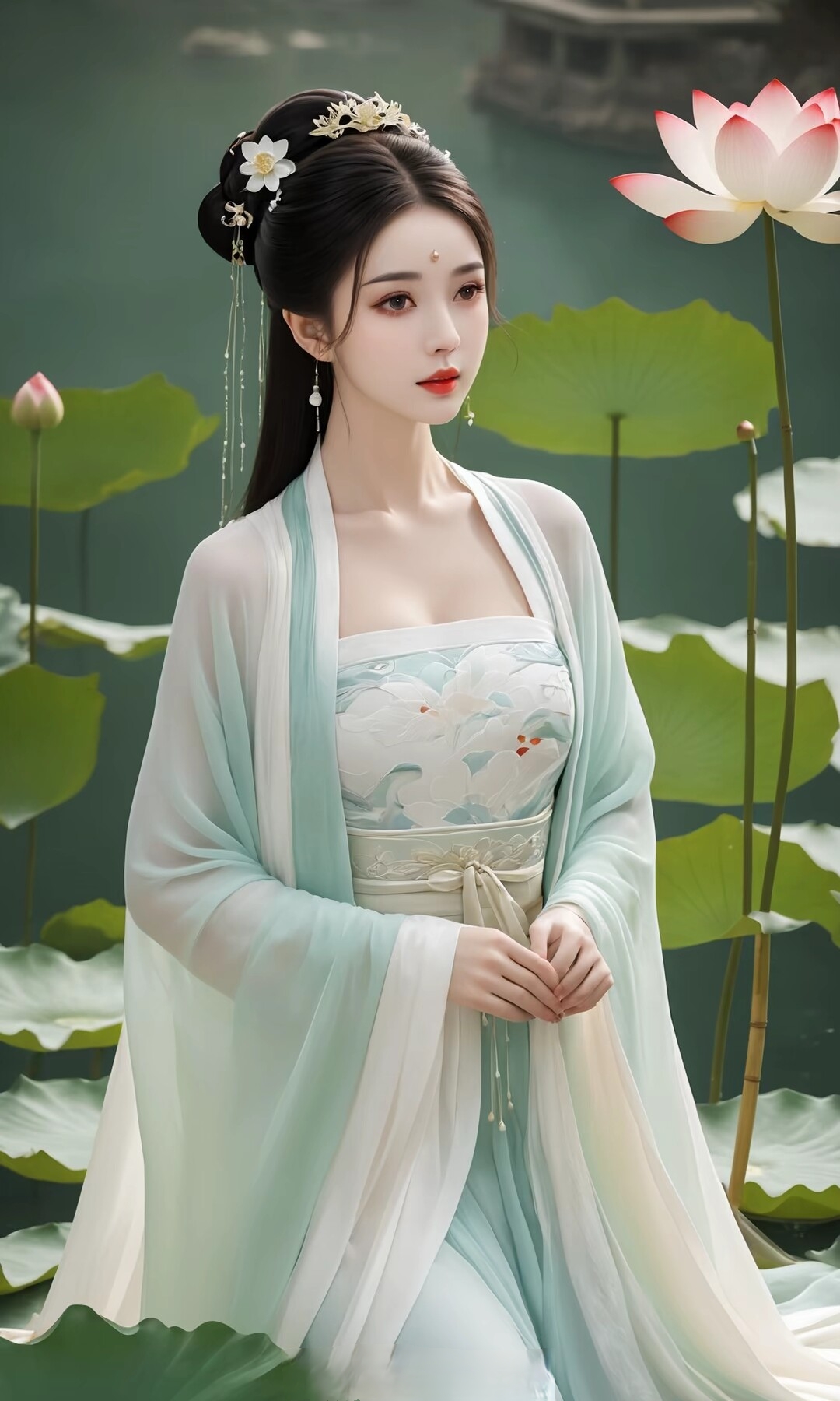 古典发髻搭配金色头饰,长耳环摇曳生姿,项链更是