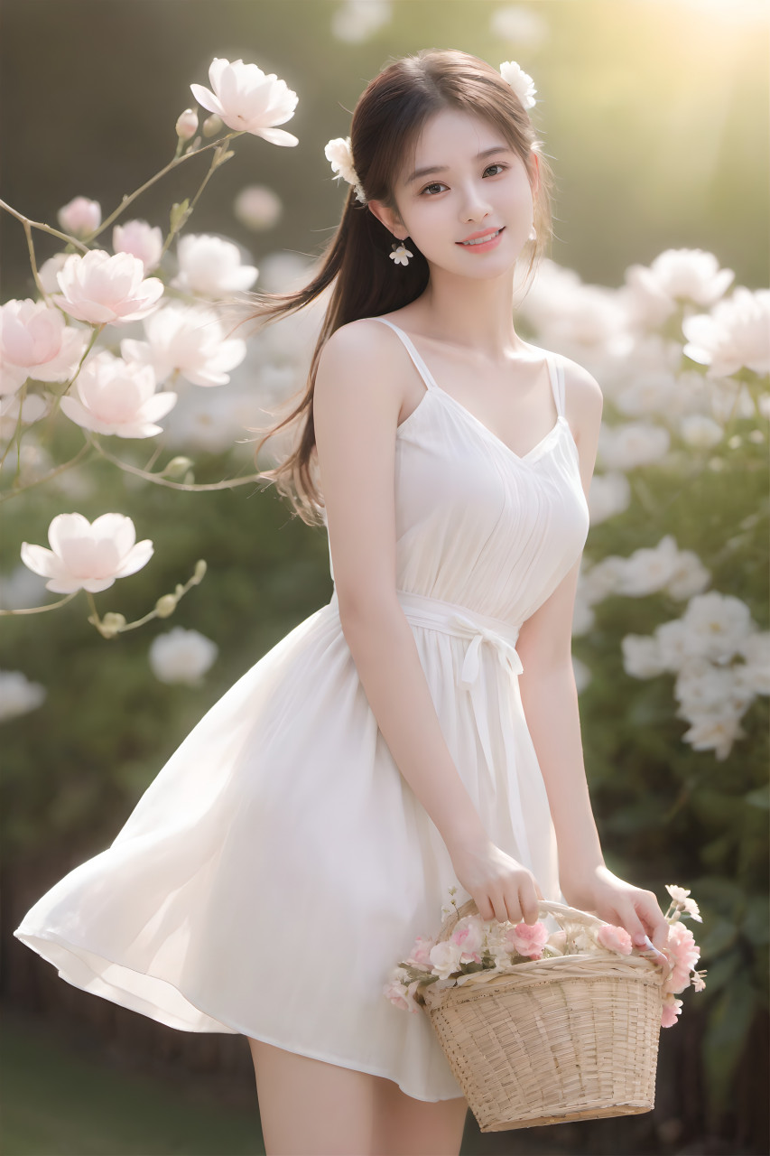 阳光下,美女一身白裙站在那儿,仿佛整个世界都在她脚下.