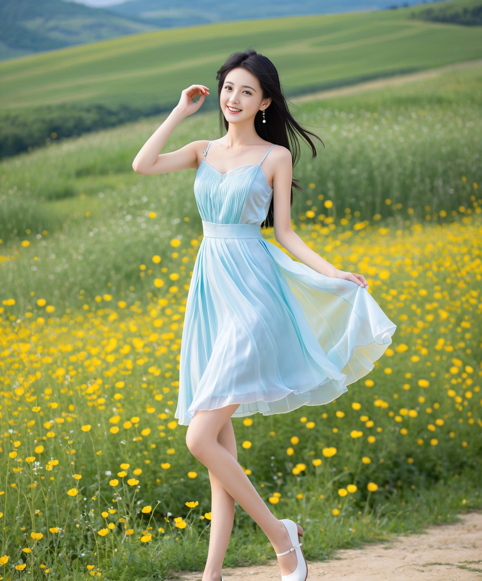 漫步在花的海洋,美女一身连衣裙洒脱自然,美丽的花朵映衬下的女孩更加
