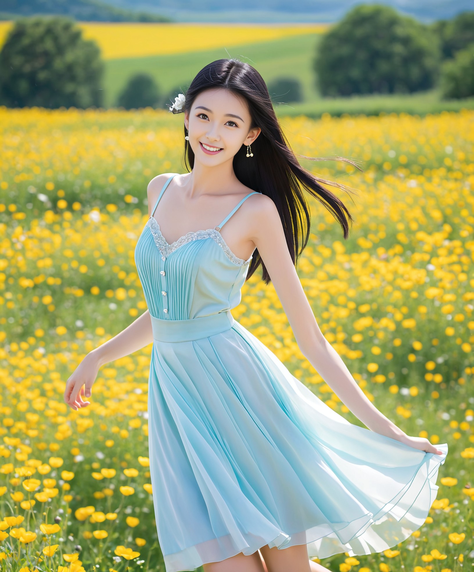 漫步在花的海洋,美女一身连衣裙洒脱自然,美丽的花朵映衬下的女孩更加