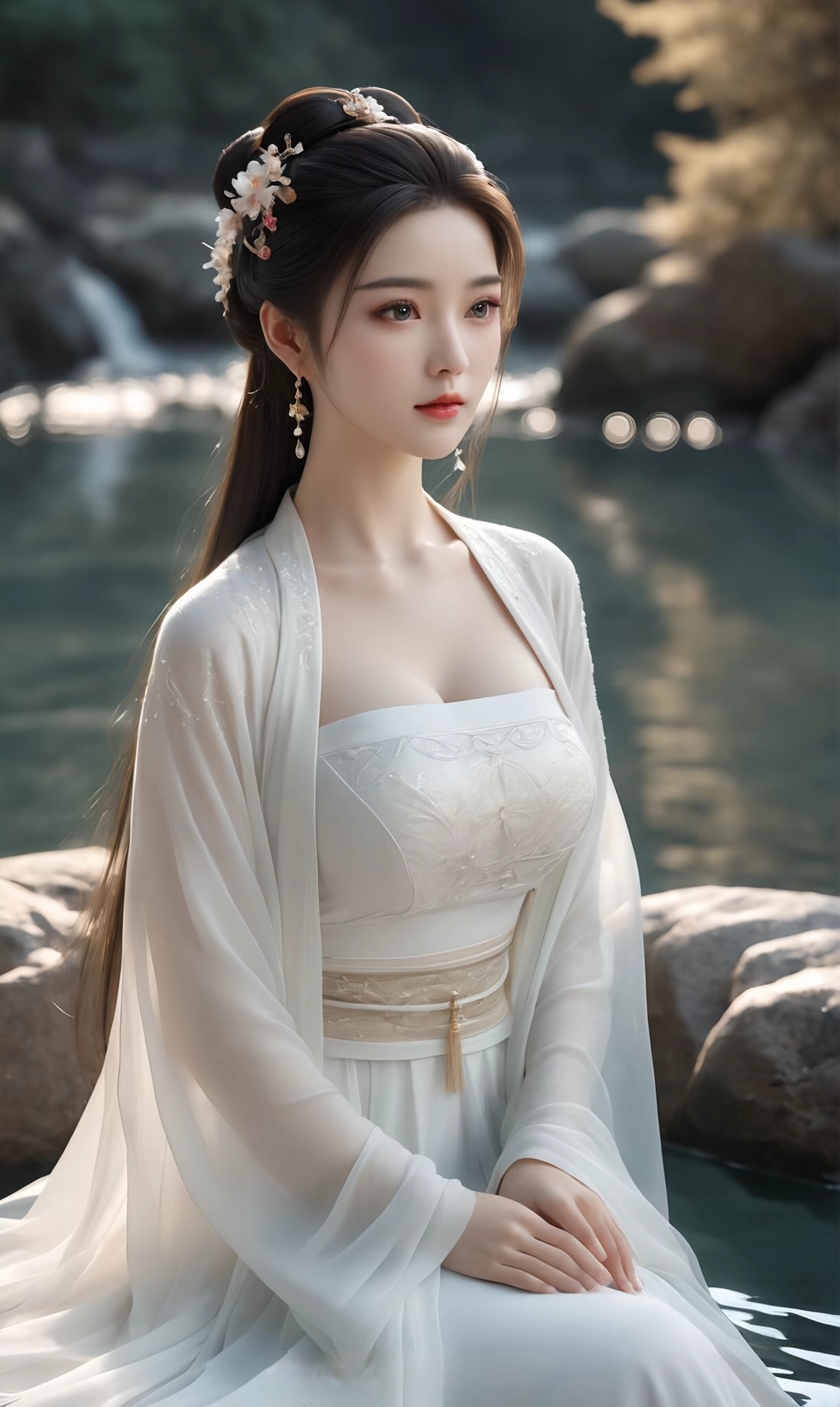 汉韵古装,端庄淑雅,在微风吹起的阵阵涟漪里,女子静坐在湖边欣赏着