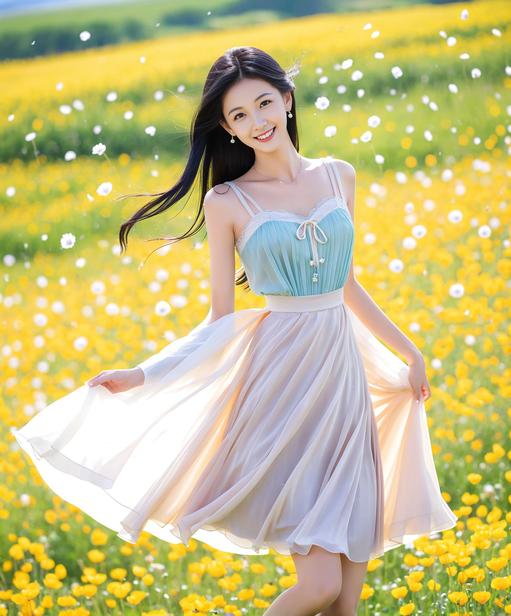 漫步在花的海洋,美女一身连衣裙洒脱自然,美丽的花朵映衬下的女孩更加