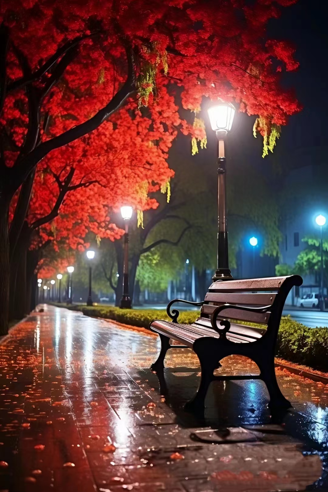 秋夜的街道,湿漉漉的马路映衬着灯杆和树木的影子,仿佛走进了一幅