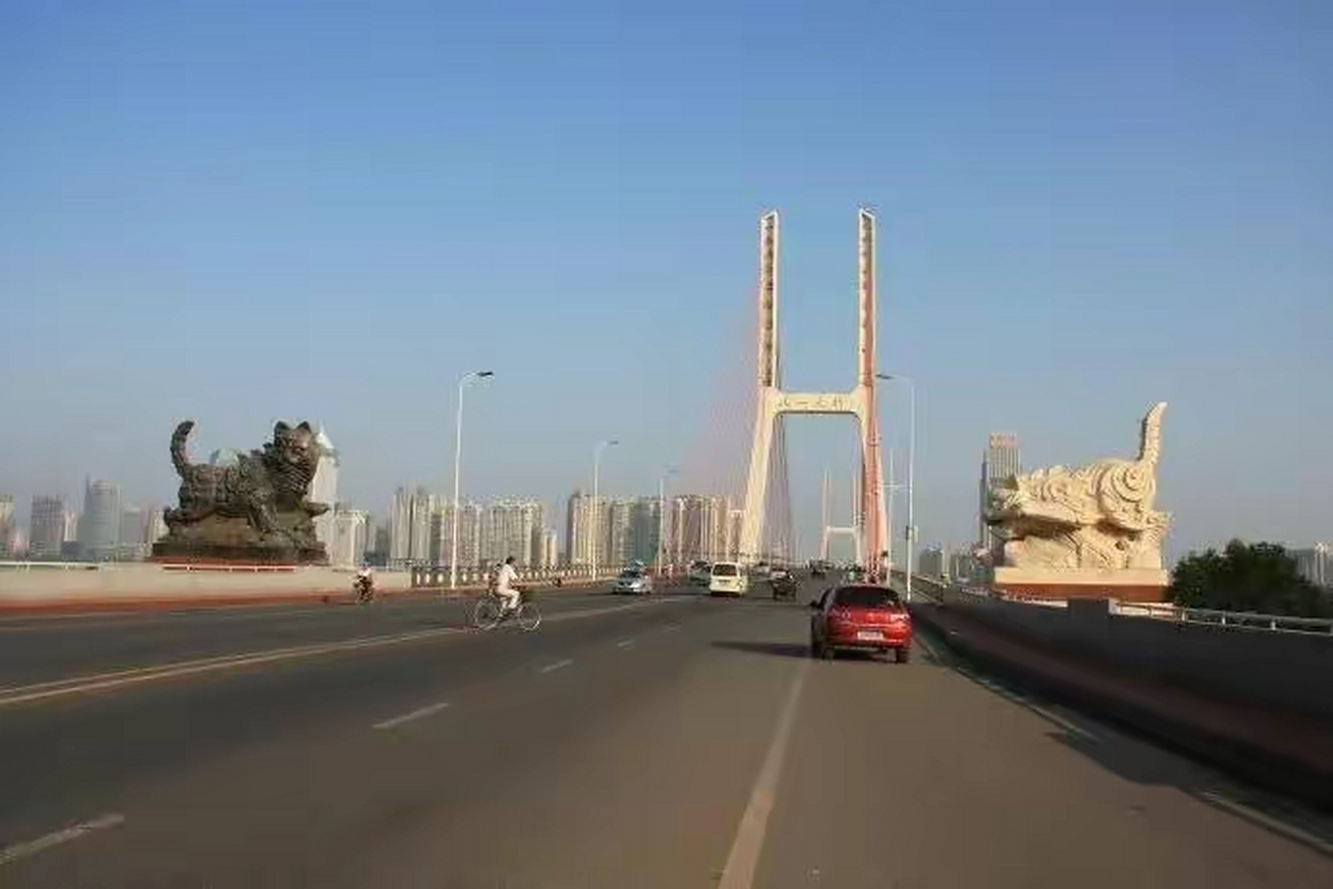 一黑一白两只猫,威武地站在南昌八一大桥南桥头  江西,一片红色的土地