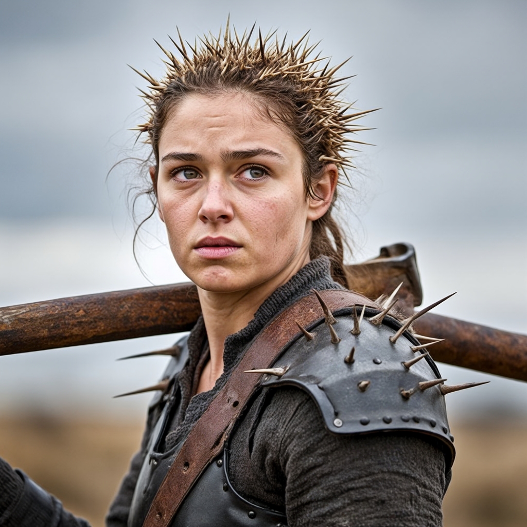 她站在铅灰色的天幕下,盔甲尖刺折射着冷光,铁棍压