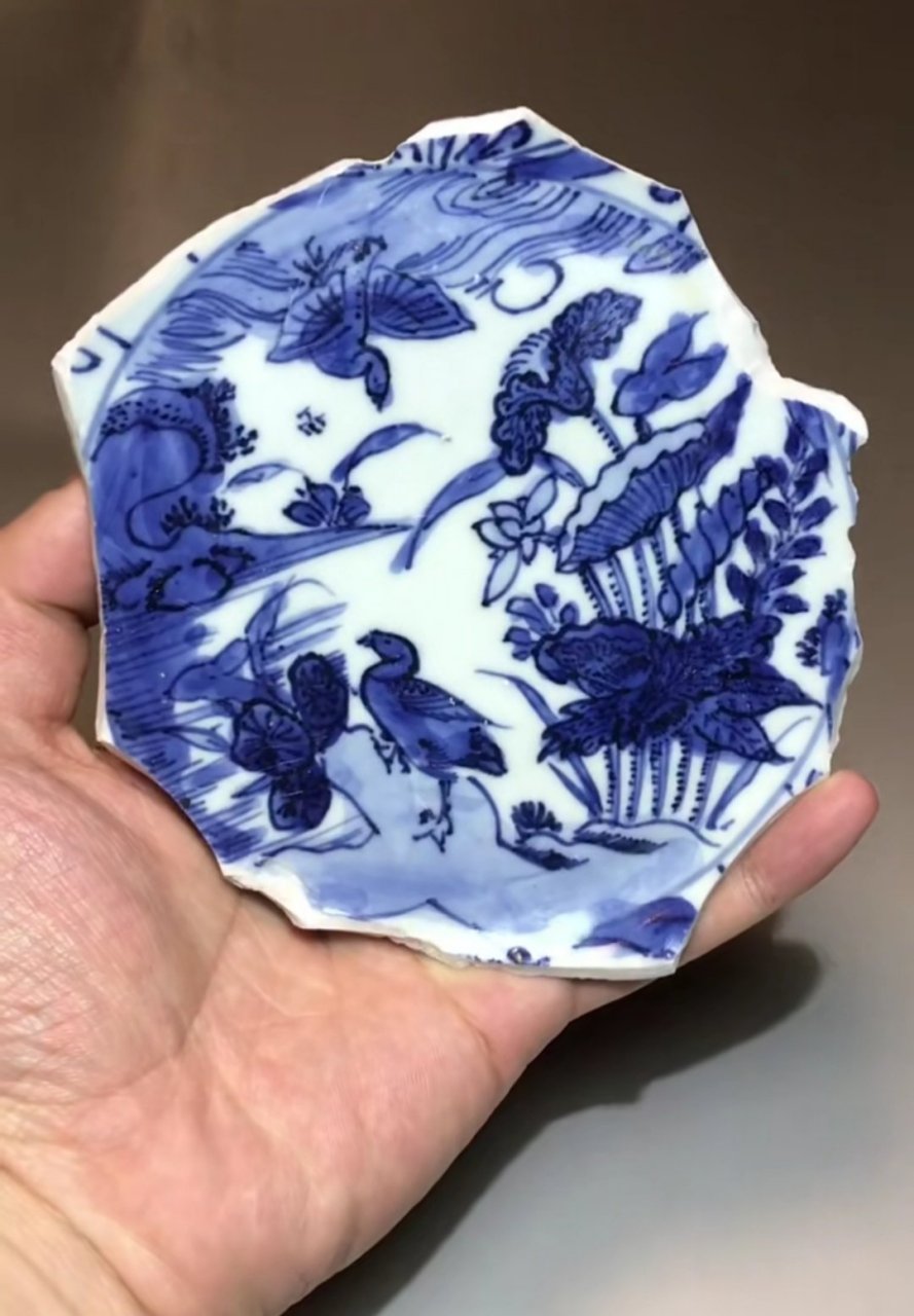 万历时期,青花芦雁纹饰绘画标本品鉴,瓷器收藏,残片学习【一】
