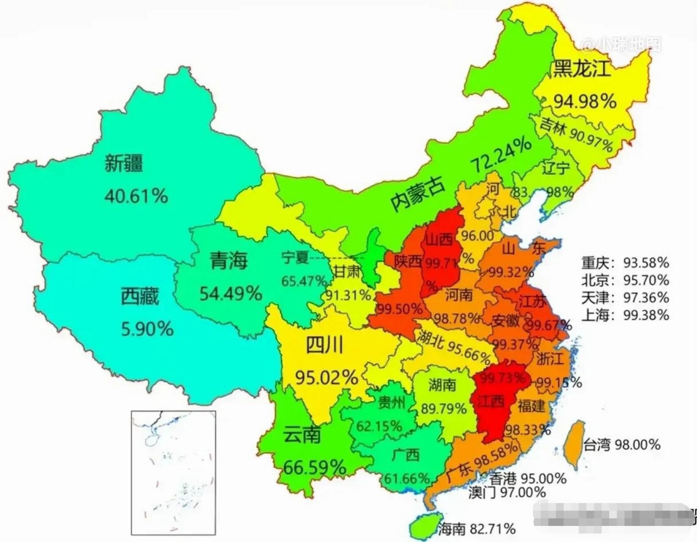 中国各省汉族人口比例排行,江西省汉族人口占比最高,达到了99