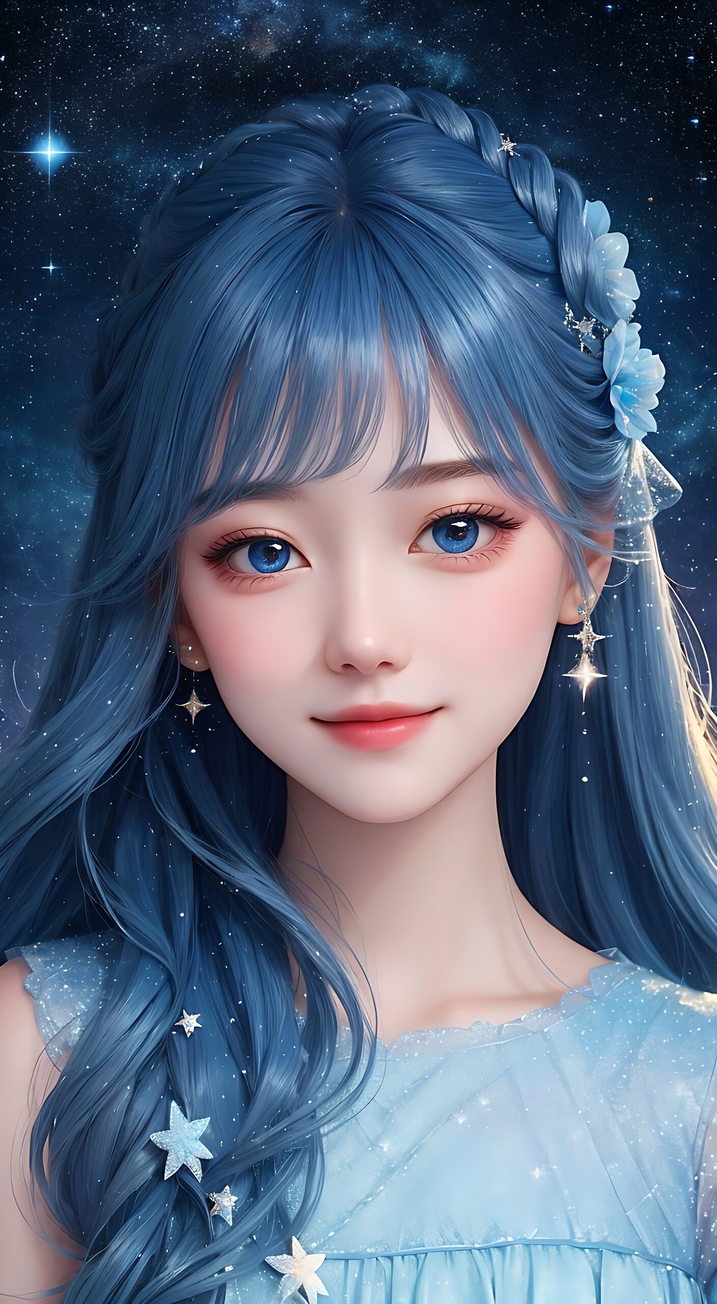 裙子上的白色装饰,如同星星点点,与蓝发相映成趣.
