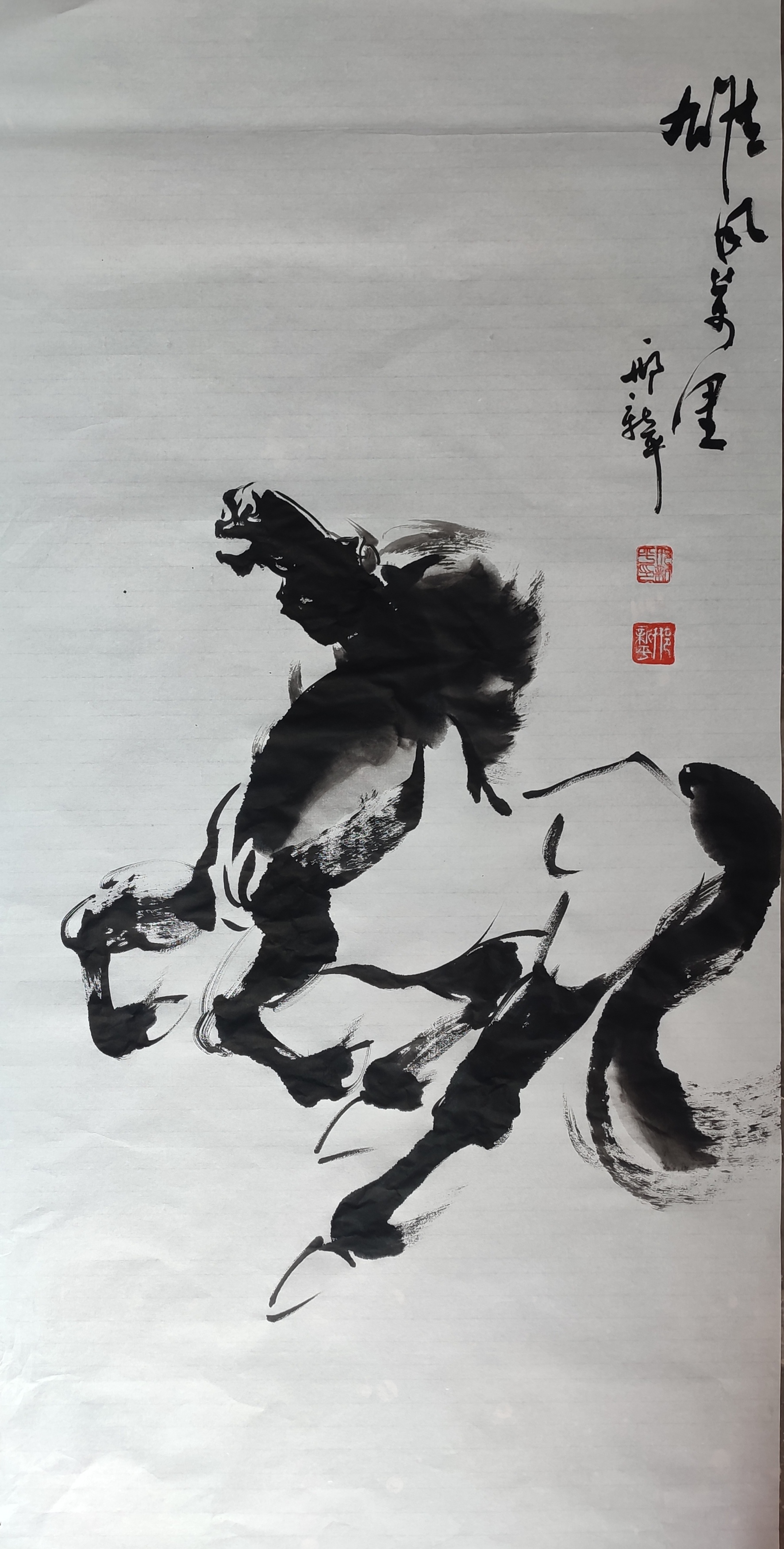 背景纯净的白色与黑色的马儿形成鲜明对比,凸