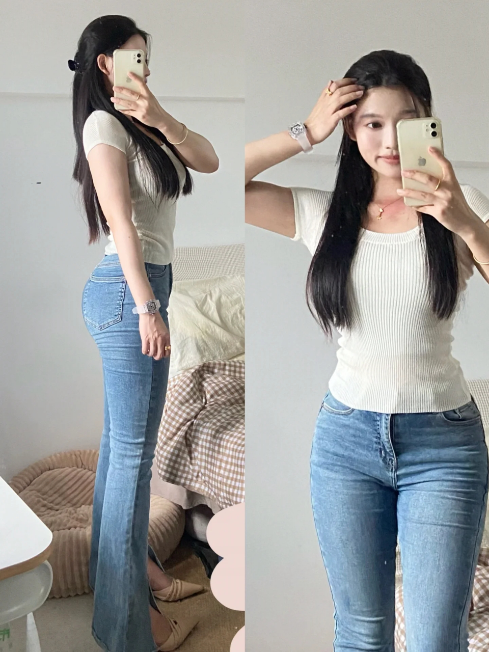 微胖姐妹都试试微喇牛仔裤,微胖穿修身款很好看