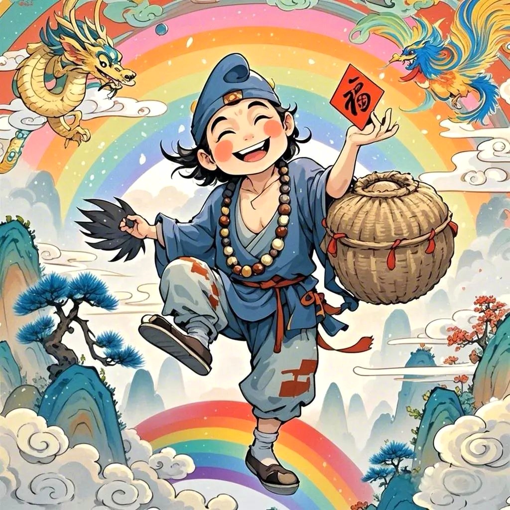 扶危济困,积德行善,貌似疯颠步乱. 红尘俗世济公佛,皆称赞,修行无倦