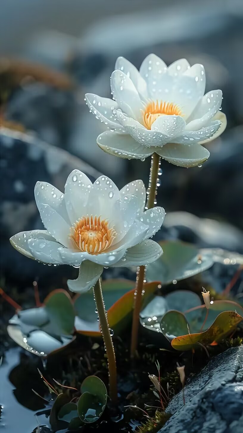 雨露润泽下的两朵并蒂莲