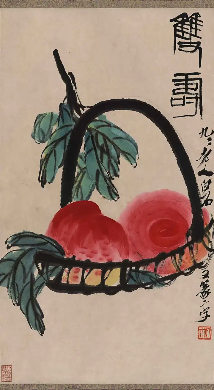 齐白石的《多寿》寿桃画,是他最受欢迎的题材之一