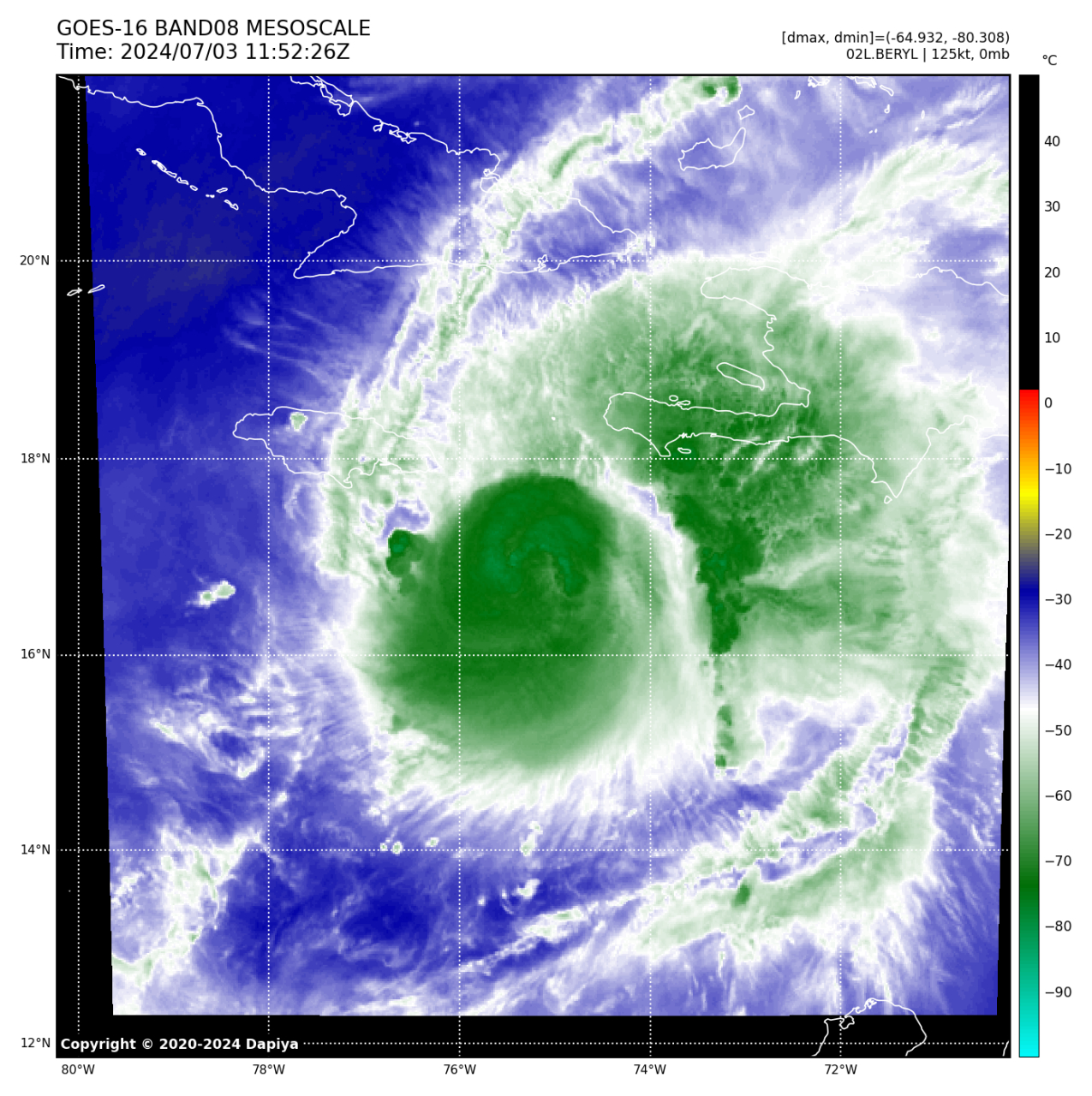 图为7月3日19时51分26秒飓风贝里尔的可见光云图,红外和水汽云图 飓风