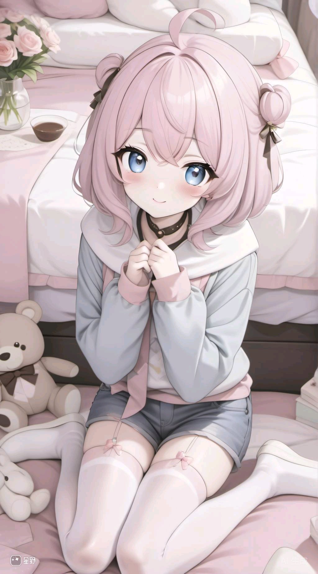 软萌妹子坐在床上,粉发蓝眼,白丝袜,旁边还有只小熊陪着,真是可爱到