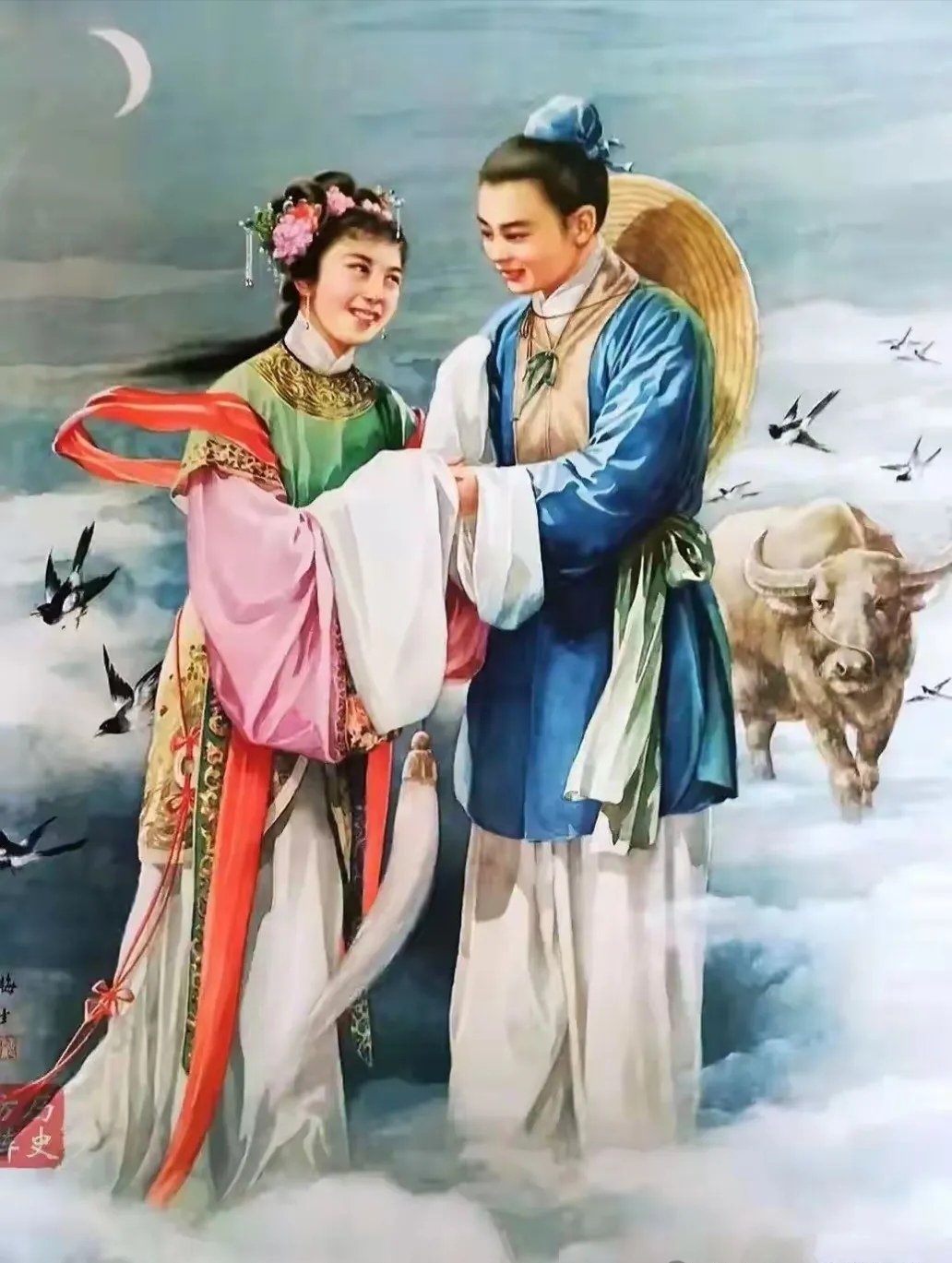 年画欣赏:《牛郎织女》 月下仙侣,牛旁情深,古风画卷里的浪漫一刻,邀