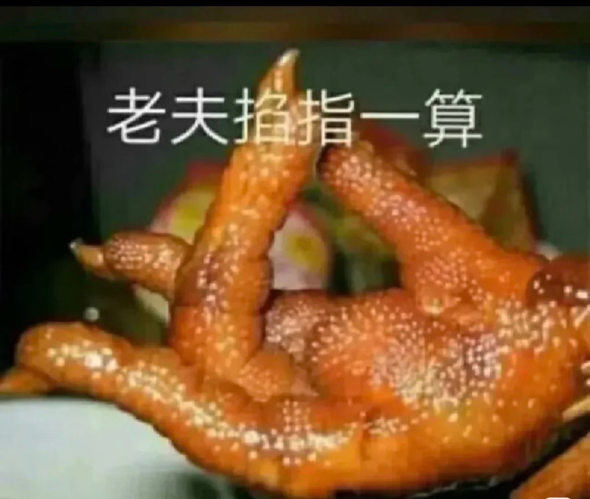 图片中有一只鸡爪和一句文字"老夫掐指一算".