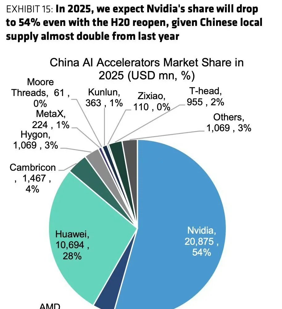 最全的2025中国ai芯片市场份额预测,从高到低: