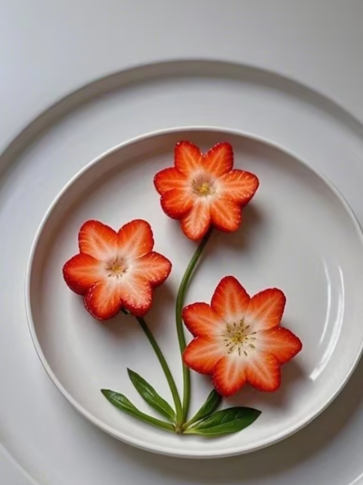 哇,这些草莓花摆盘太可爱了吧!