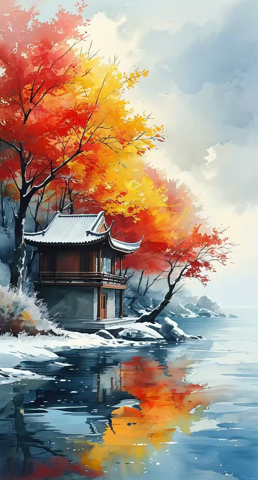 冬日湖边古亭,红枫如火,倒映水中,宁静致远