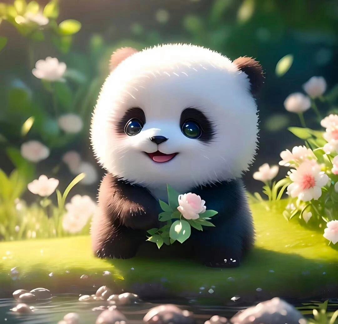 这里有一只超级可爱的小熊猫,它的眼睛超大,瞳孔粉粉的,毛茸茸的