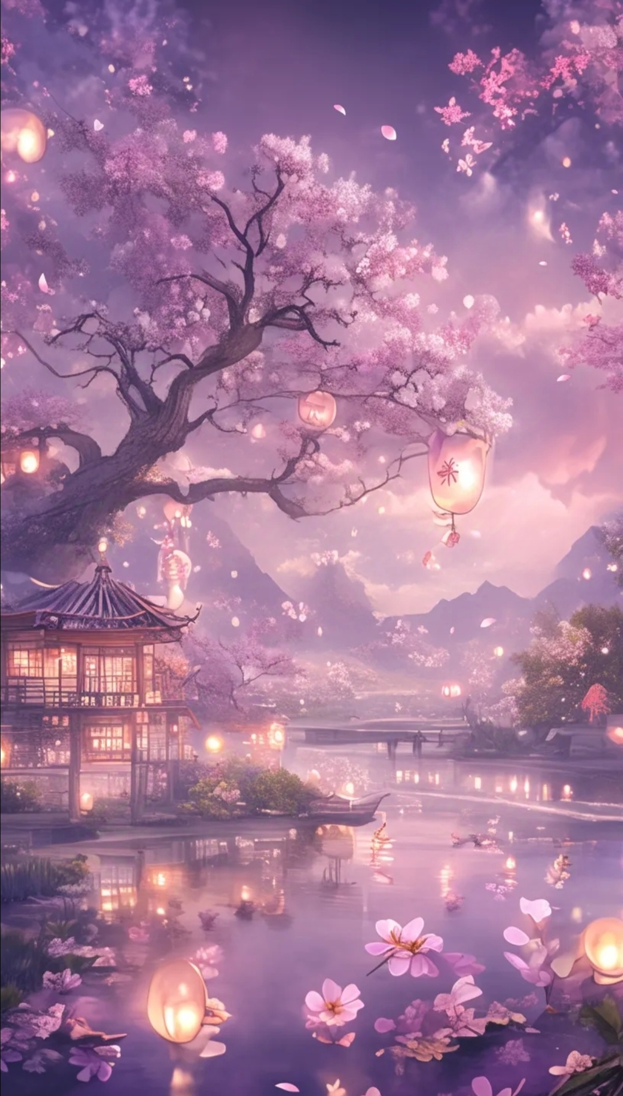 夜幕降临,樱花树下的小亭子静谧美好,月亮也悄悄探出头来,真是浪漫至