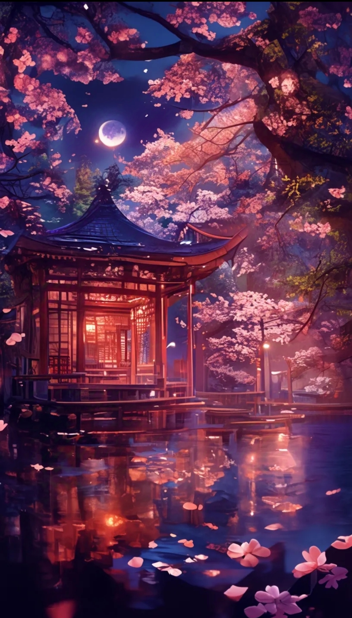 夜幕降临,樱花树下的小亭子静谧美好,月亮也悄悄探出头来,真是浪漫至