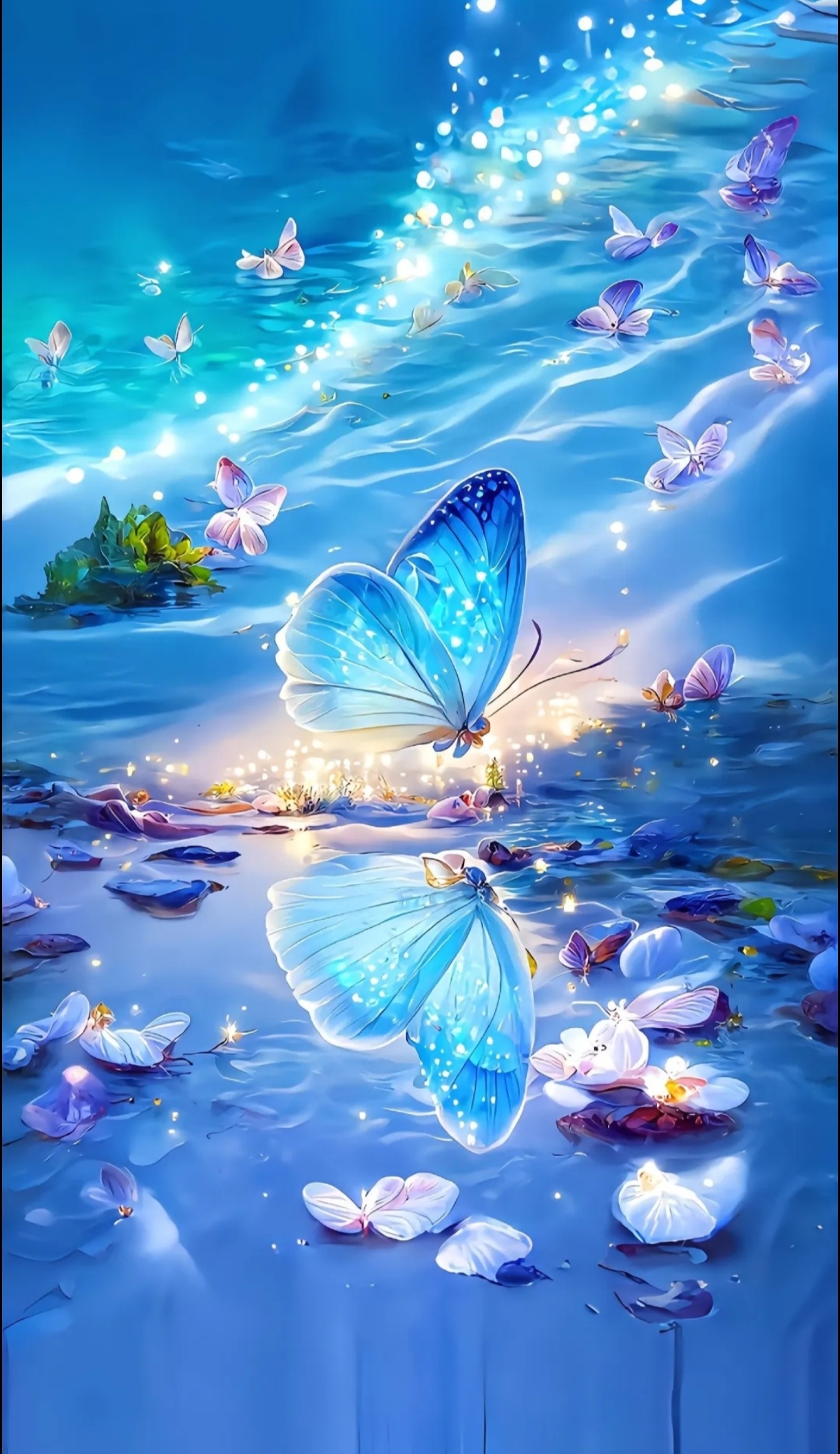 蝴蝶在水中翩翩起舞,光影斑斓,美得让人心醉.