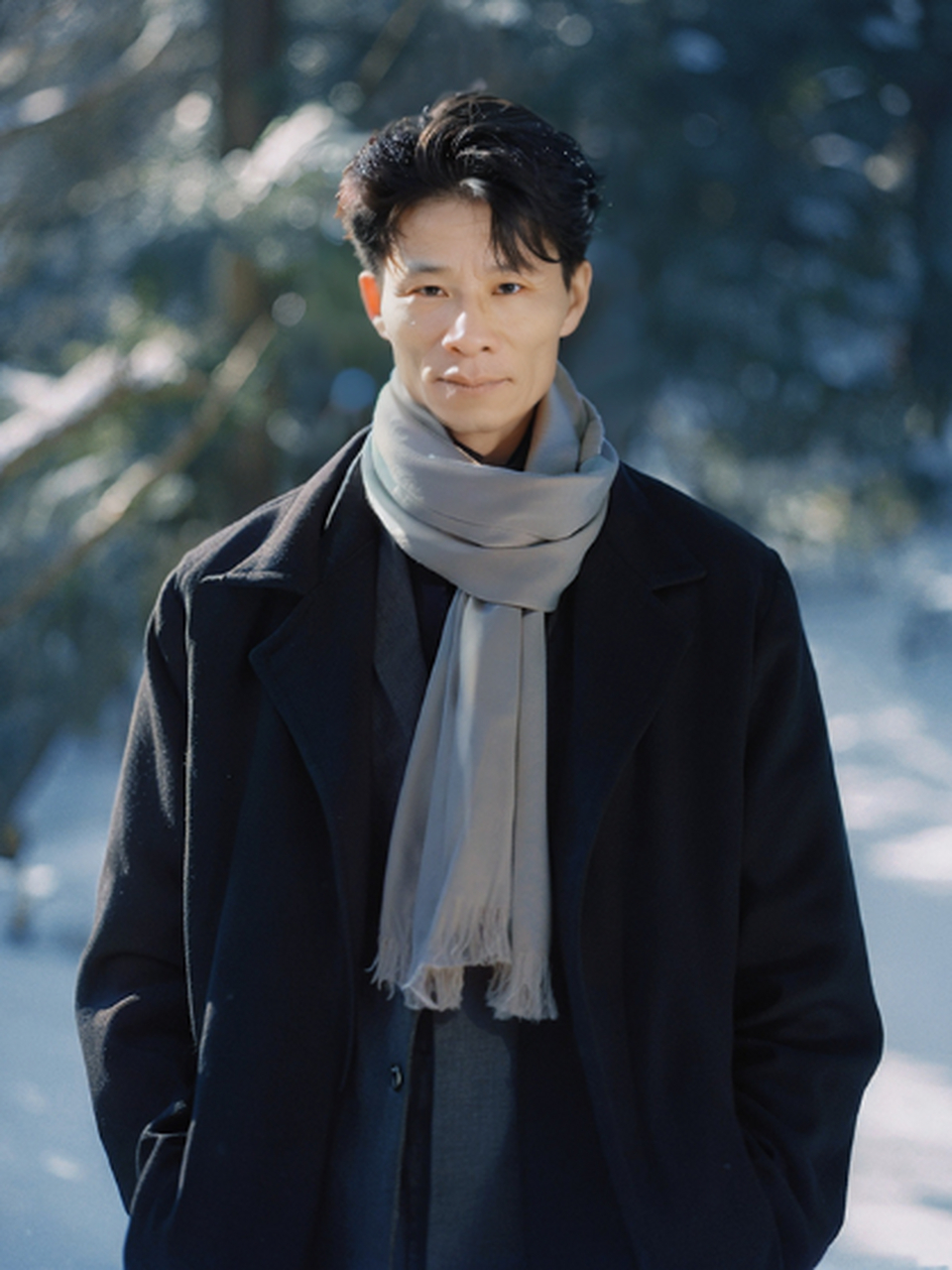在寒冷的雪夜里,一位男士穿着黑色外套,围着灰色围巾,仿佛是一位来自
