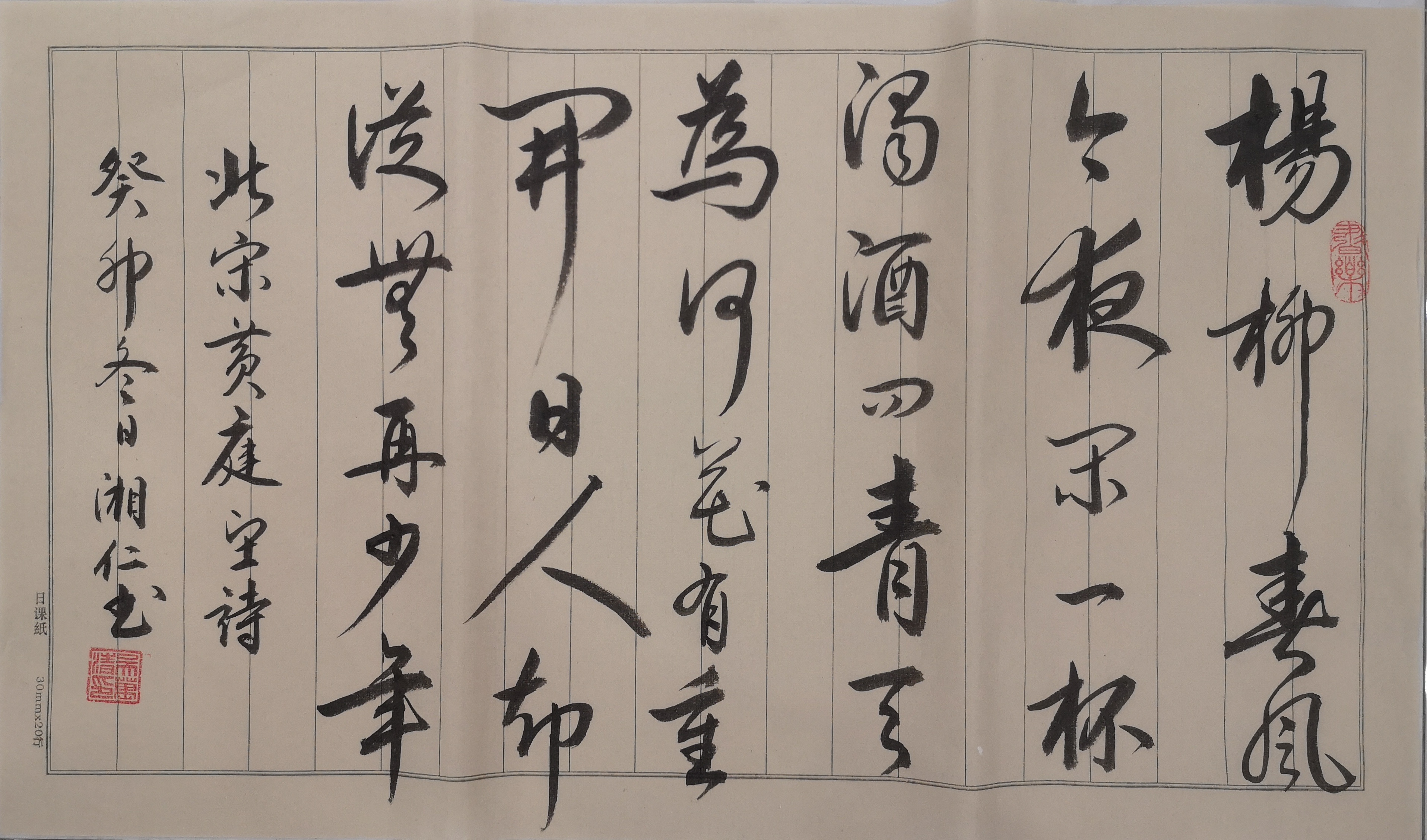 宋·黄庭坚《杨柳》: 杨柳春风今夜闲,一杯浊酒问青天.