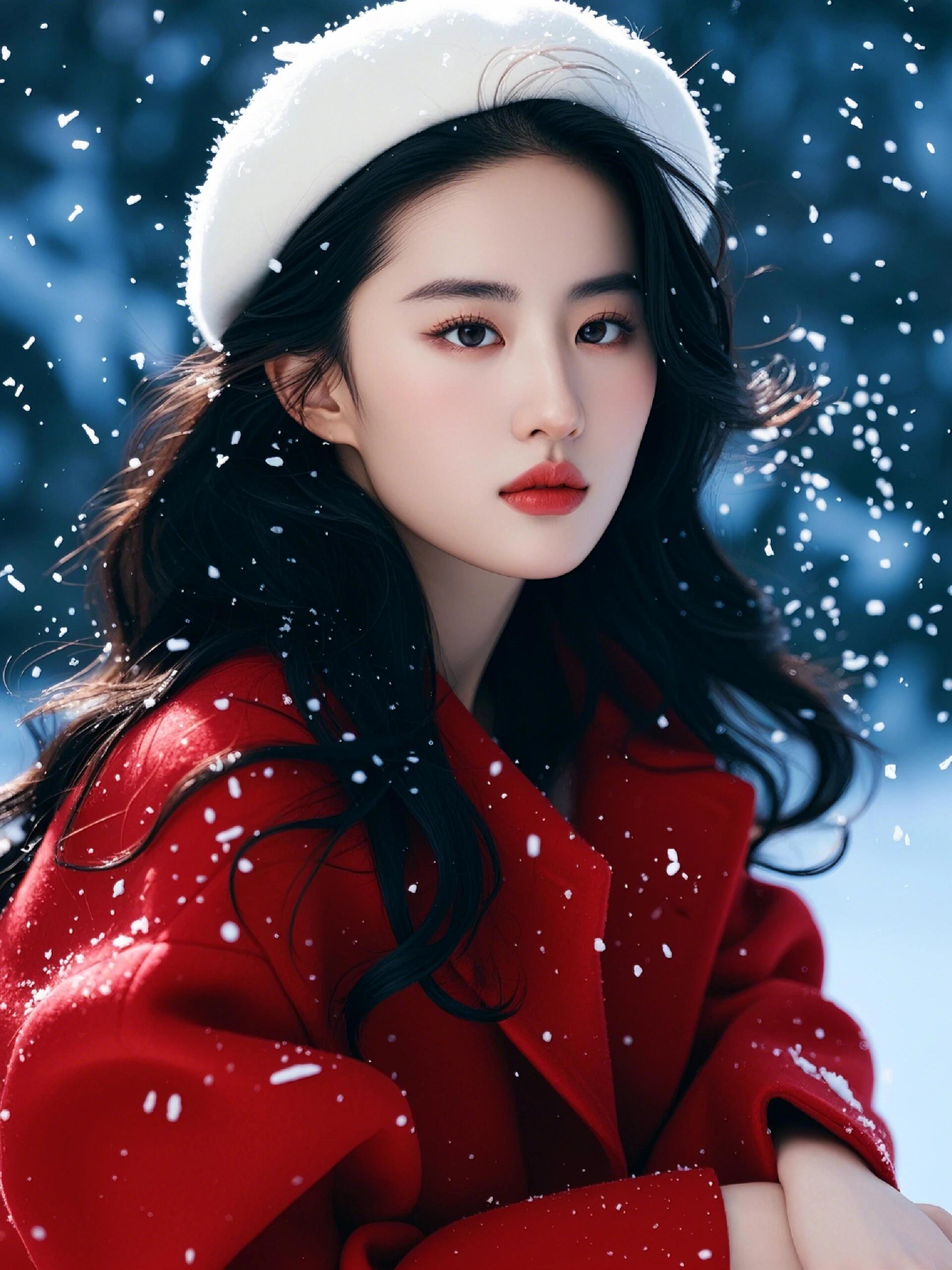 冰 雪中漫步,红衣仙女刘亦菲,美得像画中人.