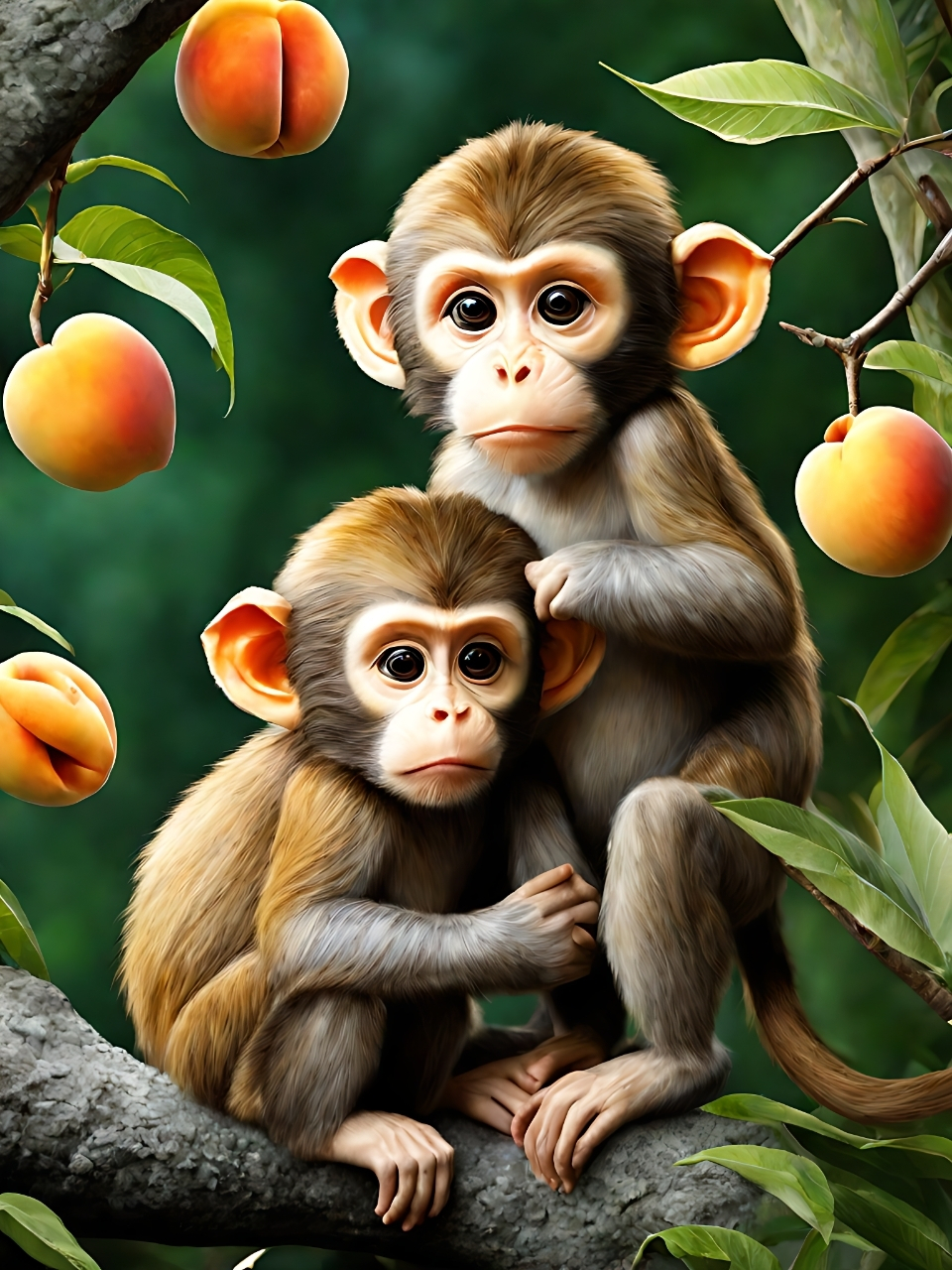 两只猴子坐在树上,手里拿着桃子🍑.它们一口咬下,满脸幸福🥰.