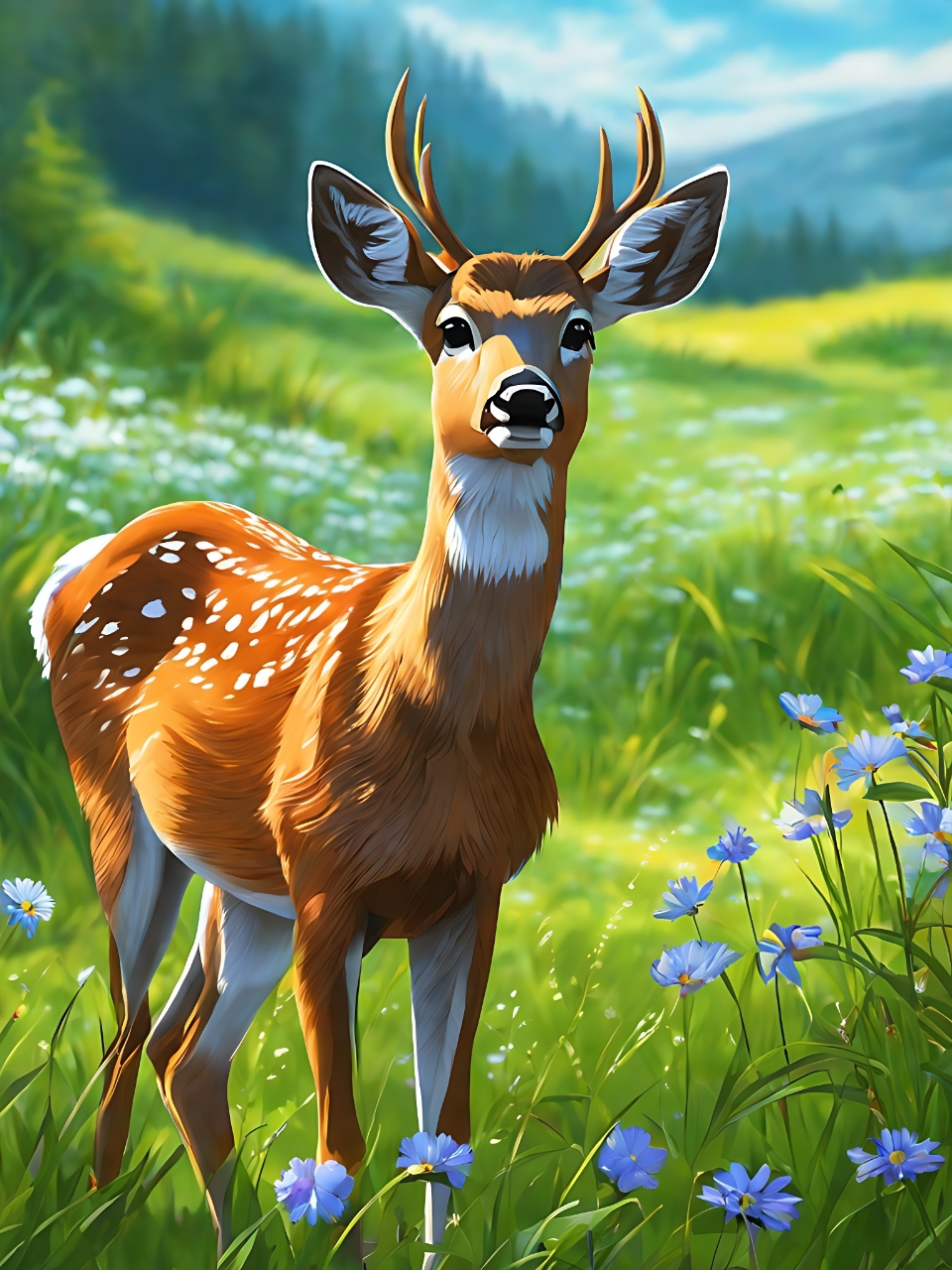 在繁花似锦的草地,一只小鹿静静地站立.