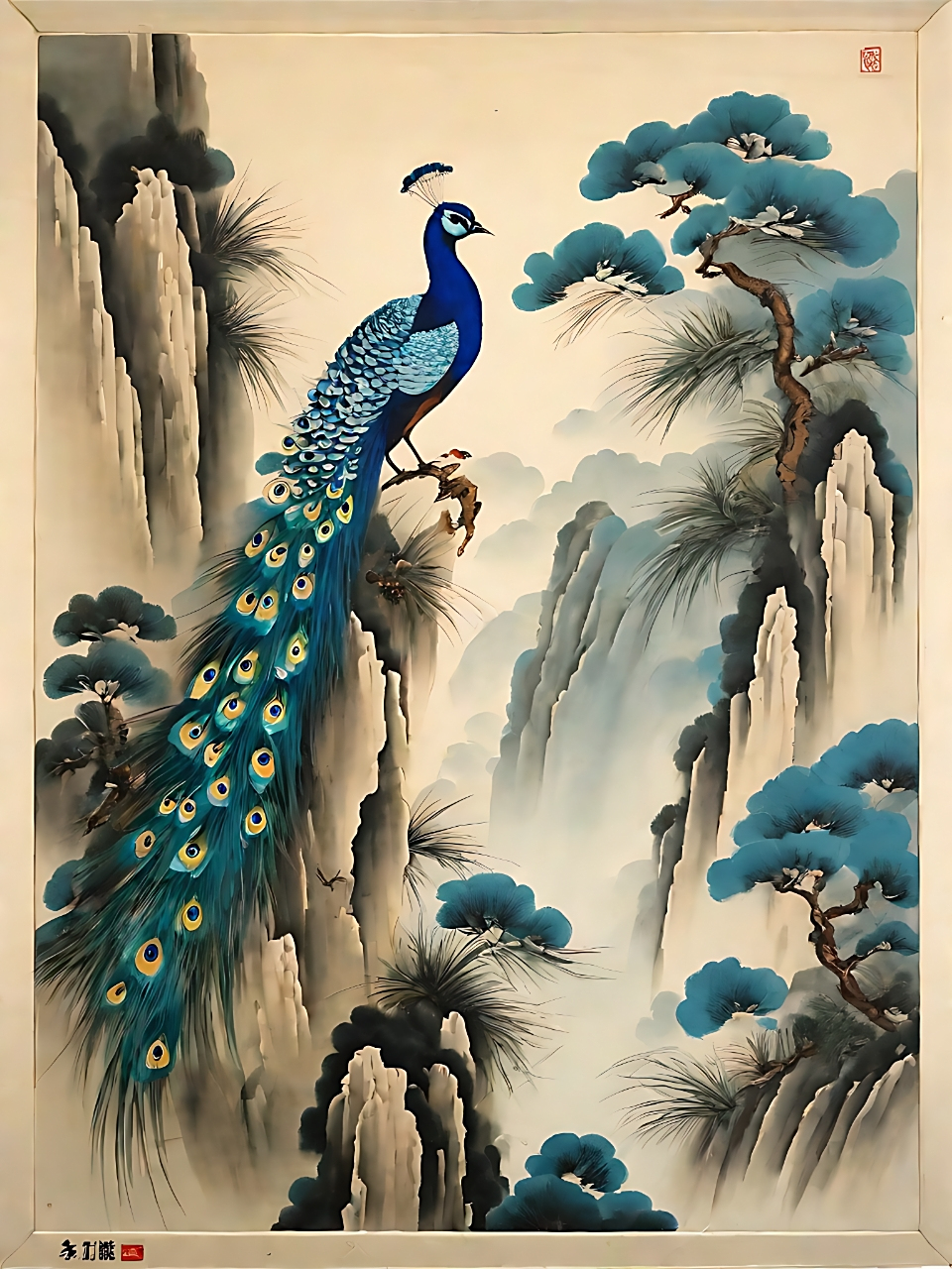 这只蓝孔雀,仿佛从古画中走出来,立于山上的松树之旁.