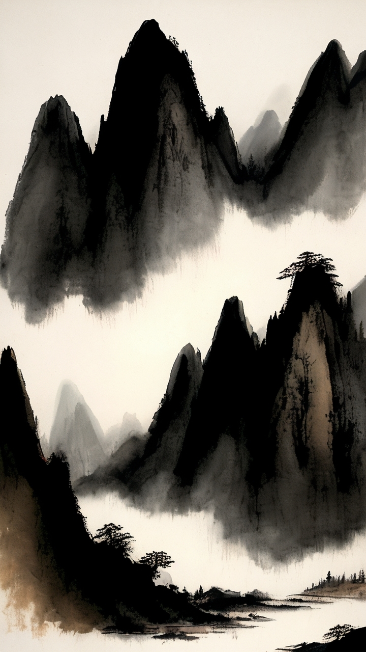 山峰笔墨勾勒,雄浑壮丽;树木则用笔墨点上黑色的点,简练生动.