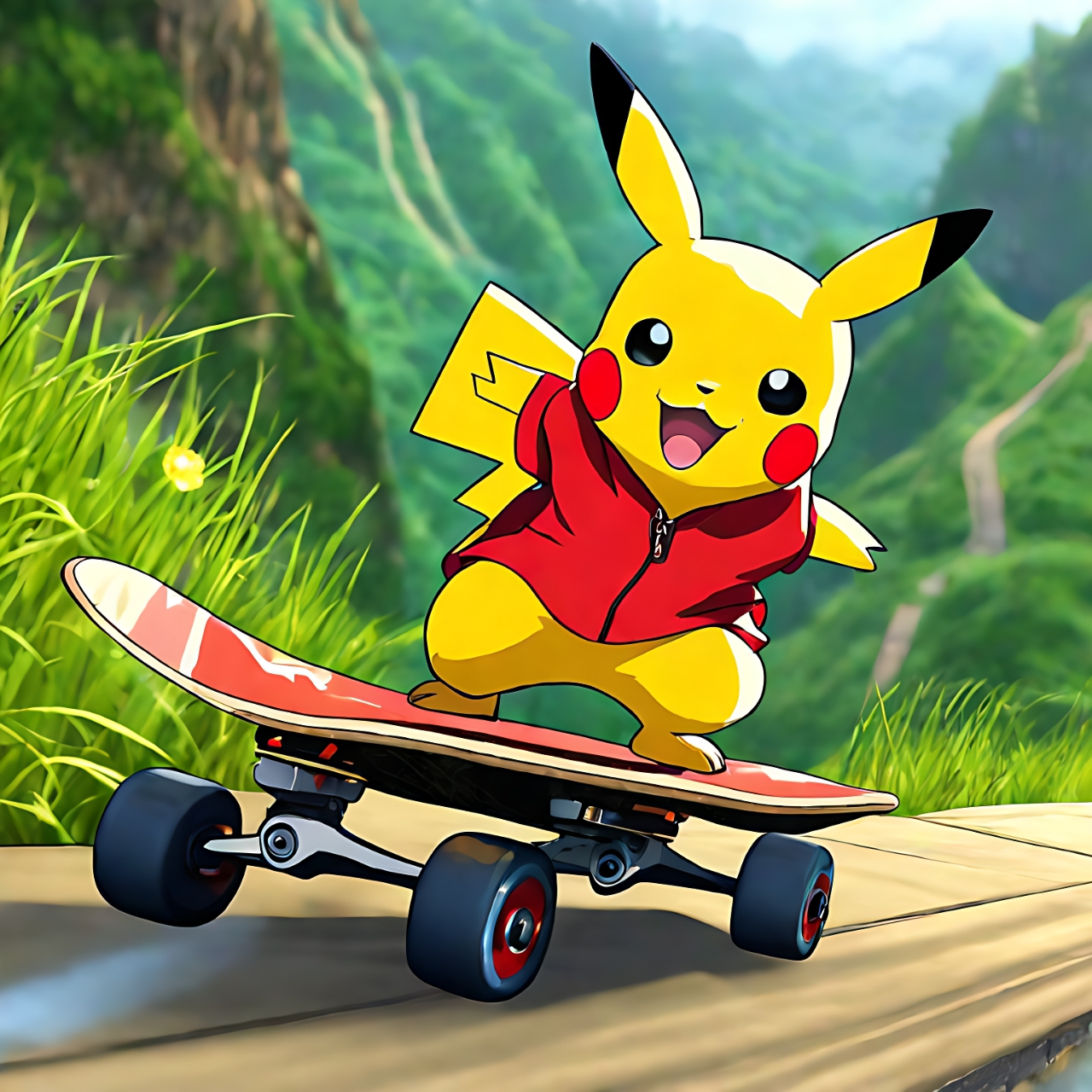 哇塞,这只皮卡丘太酷啦!它穿着红衬衫在滑板上滑来滑去的,好可爱哦!