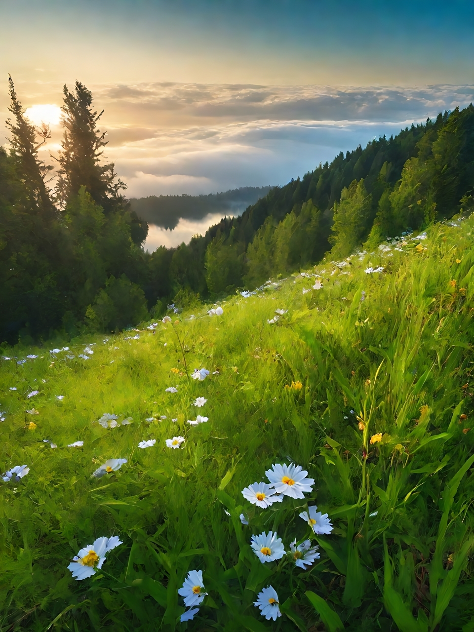 阳光透过树林,斑驳陆离地洒在草地上,闪闪发光.