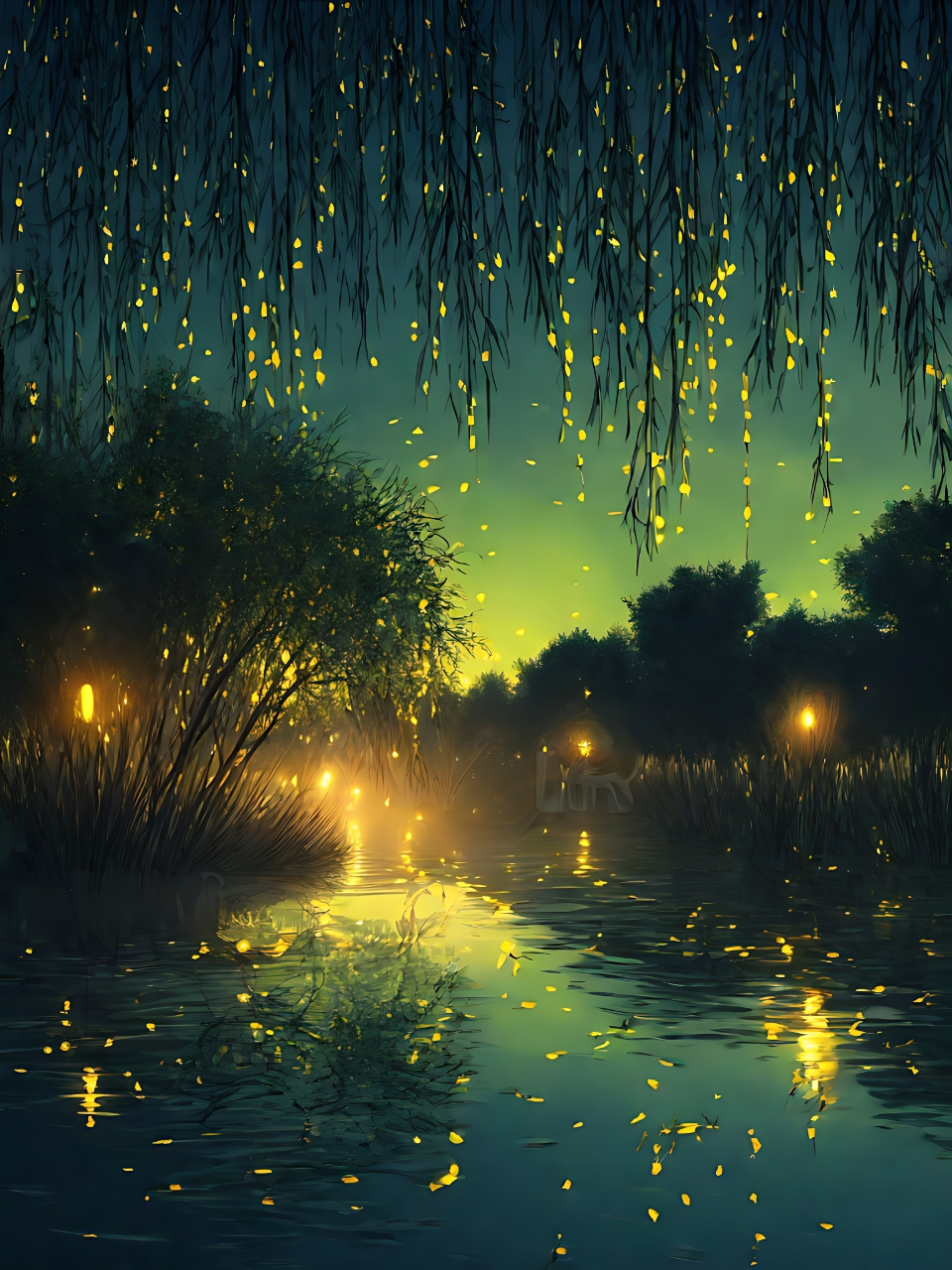 夜晚的湖面,宁静如镜,倒映着灯光的温柔.