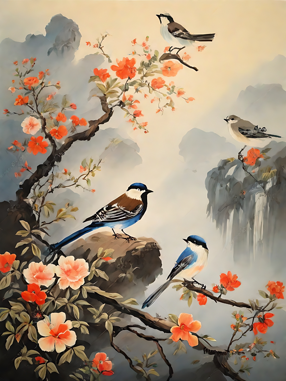 鸟儿们在花树上翩翩起舞,好像在画国画呢!